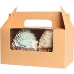 qiqee Brown 2 Cupcake Boxes 50pcs 6.5x3.6x3.5inch (2.2" Top) Two Holder Cupcake Boxes with Window