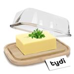 Tydi Glass Butter Dish with Glass Lid and Bamboo Base (150 x 110 x 70 mm) - Fits Standard Blocks of Butter - Butter Dish with Lids - Butter Dish Glass - Tight Seal and Odour Free