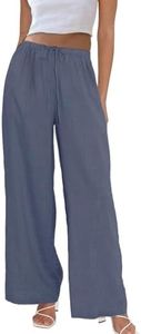 Duyang Womens Cotton Linen Palazzo Pants Drawstring Elastic Waist Casual Wide Leg Trousers with Pockets(Blue,S)
