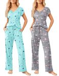 Ekouaer 2 Pack Womens Pajamas Short Sleeve Sleepwear Top with Pants Super-Soft Printed Lounge Sets S-XXL