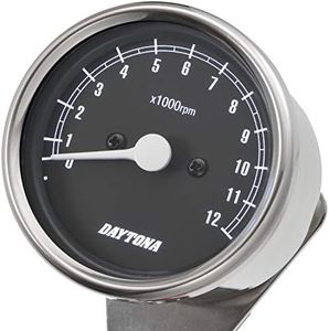 Daytona 15641 Motorcycle Mechanical Tachometer, Stainless Steel Body/Black Panel/White LED, φ2.4 inches (60 mm), 12,000 rpm Display