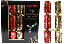 Toyland® 10-Pack Luxury Red & Gold Holly Christmas Crackers - 36cm Deluxe Festive Crackers with Hats, Gifts & Jokes – Traditional Christmas Dinner Table Decorations
