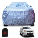 GARREGE® Metallic Silver Triple Coated Inner Soft Lining Cotton Waterproof Car Body Cover with Mirror Pocket Blue Strap Style for Maruti Alto 800 Cars (Box Printed Silver)