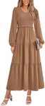 PRETTYGARDEN Womens Casual Smocked Midi Dress 2025 Spring Long Sleeve V Neck Tiered A Line Long Flowy Dress (Khaki,Small)