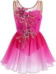 Womens Ice Figure Skating Dress, Adult Ballet Dance Leotards Rhythmic Gymnastics Bodysuit Sequin Embroidery Gradient Chiffon Flowy Skirt Competition Custumes Performance Dancewear Hot Pink S