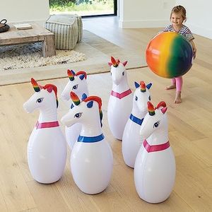 HearthSong Giant Inflatable Unicorn Bowling Game with Six 29" L Unicorn Pins and 20" diam. Multi-Colored Ball, for Indoor and Outdoor Active Play