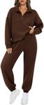 BTFBM Womens 2 Piece Sweatsuit Sets Fall Outfits Tracksuits 2025 Long Sleeve Half Zip Sweatshirt Sweatpants Lounge Set(Solid Brown,XX-Large)