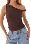 Ythomm Women One Shoulder Ruched Crop Tank Tops Casual Off The Shoulder Twist Strap Summer Tanks Tops Going Out Crop Shirts, Brown, Medium