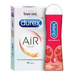 Durex Air Condoms For Men-10 Count With Durex Lube Strawberry Flavoured Lubricant Gel For Men & Women-50Ml Water Based Lube Suitable For Use With Toys