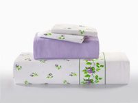 NZ Rose Bud Floral Pattern Flannelette 100% Natural Brushed Cotton Thermal Fitted and Flat Sheet Set With Pillowcases (Lilac, Double Size Sheet Set)