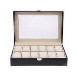 Vivo Technologies 12 Grids Watch Box, Watch Display Case with Glass Lids and Removable Pillow, Lockable Luxury Jewellery Box Organizer (Black)
