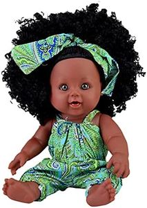 CIWICH Black Doll African Baby Girl 12inch with African Cute Dress Outfits, Realistic Silicone Curly Hair Baby Model, for Birthday Lake Green