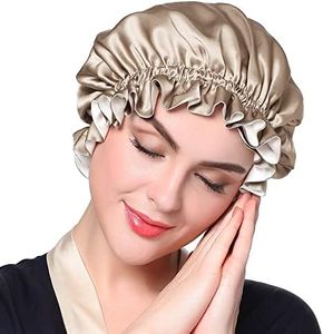 LilySilk Pure Silk Lined Cap for Women Sleep, Double Layered, Adjustable Ribbons, Luxury Natural Silk Bonnet Cap for Sleeping Coffee+White