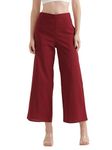 SAADAA Women's Relaxed Fit Mid Rise Airy Linen Wide Leg Pants, High Waist Trousers for Formal, Casual & Office Wear, Maroon - 2XL