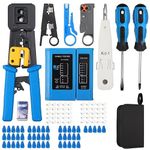 COOLCOLD Crimping Tool, RJ45 Wire Cutter, Tool Kit, Cat5 Cat5e Cat6, 50PCS RJ45 Cat6 Pass Through Connectors, 50PCS Covers, Network Cable Tester, Wire Punch Down Cutter, Battery, Pass Through Tool kit