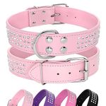 Berry Pet Rhinestones Dog Collar - 1.5" Width Leather Made with Sparkly Crystal Diamonds Studded - Shining Pet Appearance for Medium & Large Dog Walking,21"-24",Pink