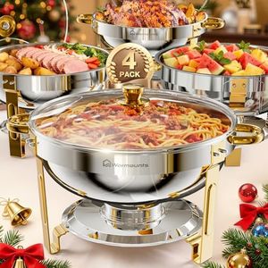 WARMOUNTS Gold & Silver Chafing Dishes for Buffet with Glass Lid (5QT, 4 Pack) - Food-Grade Stainless Steel Chafers and Buffet Warmers Sets with Lid Holder, Rolled Edge Design, for Party, Banquet