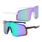 swanoble 2 Pairs UV400 Kids Sports Sunglasses for Boys Girls Cycling Baseball Golf Youth Softball Sunglasses Age 3-12 (Black Frame/Green lens+White Frame/Purple lens)