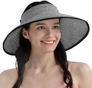 SUN CUBE Sun Visor Hats Women, Straw Beach Hats for Women, Wide Brim Summer Ponytail Hat, Packable Rollup Visor, Travel Foldable UV Protection Sunhat - Black and White