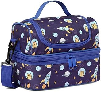 Lunch Box Bag for Kids, Kasqo Insulated Cooler Bag Two Compartments Boys Lunch Bag Tote Bag with Detachable Shoulders Strap for School Picnic, Blue Astronaut