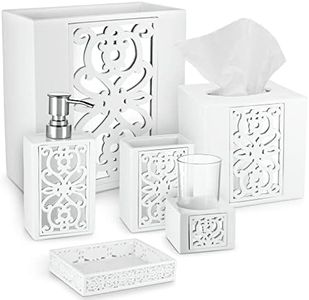 Creative Scents Mirror Janette White Bathroom Accessories Set Complete - 6 Piece Bathroom Set Includes: Soap Dispenser, Toothbrush Holder, Tumbler Cup, Soap Dish, Tissue Cover, and Wastebasket