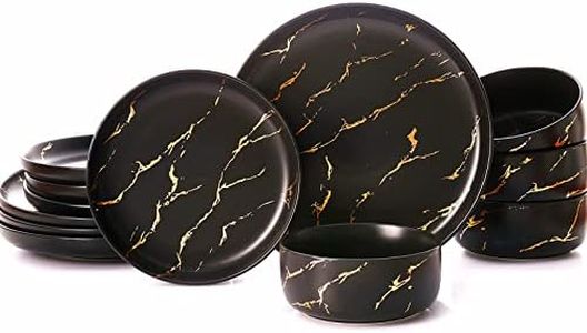 Pokini Black Gold Splash Dinnerware Sets, Marble Porcelain Plates and Bowls Sets, Modern Luxury Dish Set for 4, 12 Pieces Fine China Plates Set for Formal Dinners and Anniversaries