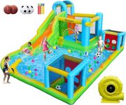 FBSPORT Inflatable Bounce House, 8 in 1 Kids Bouncy Castle with 2 Water Slides, 2 Water Gun, Basketball Shooting, Jumping and Splash Pool, Climbling, Air Bounce House for Outdoor Indoor Backyard