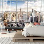 FENDROM New York Skyline Tapestry City Window View Sun White Clouds Buildings Business Center Art Wall Hanging For Living Room Dorm