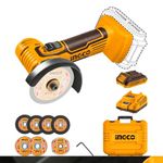 INGCO Cordless Mini Angle Grinder, 19500 RPM, 3 Inch Disc Diameter, M6, With Battery & Charger, With 6 pcs Discs