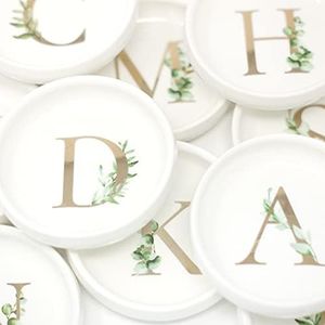 Trinket Tray Ring Dish with Personalized V in Gold Foil and Greenery - White Ring Dish - Monogrammed Trinket Dish or Jewelry Bowl - Cedar & Ink (V)