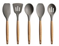 MOBDESK Kitchen Utensils Set Non-Stick Silicone Cooking with Authentic Acacia Wood Handles - 5 Piece Utensil 464°F Heat Resistance Natural Hard Handle, BPA Free, Baking & Serving Utensils- Grey