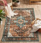 Moynesa Ultra-Thin Washable Vintage Area Rug - 3x5 Vintage Non-Slip Entryway Rug Oriental Medallion Living Room Rug Entrance Mat Carpet for Kitchen Laundry Bathroom Bedroom, Brick Red/Dull Teal