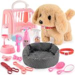 Htoyza Walking Dog Toys for Kids, 14Pcs Electric Interactive Toy Plush Puppy Dog Barking Wagging Tail, Birthday Present Pet Care Kit Pretend Role Play Set, Gift Toys for Girls Boys 2 3 4 5 6 Year Old