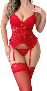 MIYALOVE Women's Sexy Lingerie Set with Garter Belt Lace Bodysuit Teddy Baby Dolls Panty with Stockings (red, M)