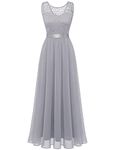 BeryLove Women's Boat Neck Wedding Dress Sleeveless Bridesmaid Evening Party Maxi Dress,Vintage Lace Patchwork A Line Flared Party Dress Work/Prom/Formal/Christmas/Wedding 7025 Grey XS