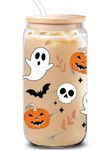 WECACYD Halloween Pumpkin Ghost Skull Cups - 16 oz Pumpkins Fall Cup Mug, Tumbler Glass Cups with Lids Straws, Spooky Cups for Iced Coffee, Goth Spooky Gifts for Her, Halloween Gifts for Women