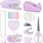 Office Supplies Set, Purple Stapler and Tape Dispenser Set with Staple Remover, Stapler and Staples Set with 1000 Staples, Clips, Tape, Scissor and Tabs, Desk Accessories for Women Student