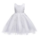 FYMNSI Flower Girl Dress Kids Baby Lace Floral Embroidery Sleeveless A-line Knee Length Princess Tutu Dress for Wedding Bridesmaid Birthday Party Christening Pageant Cocktail Evening White 4-5 Years