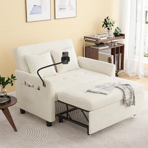 AYEASY Sleeper Sofa Bed, 3 in 1 Convertible Sleeper Couch Bed Pull Out, Small Loveseat Sleeper Sofa, Futon Sofa Bed Full Size, 46" Velvet Love Seat with Pillow and Phone Holder for Living Room, Beige