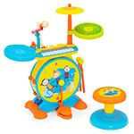 COSTWAY 3-in-1 Kids Drum Set, Electronic Drum Kit with 8 Keys Keyboard, Microphone, Drumsticks, MP3, Record, Play, LED Lights and Stool, Educational Musical Instrument (Blue)