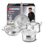 Bergner Tripro 7 Pcs Triply Cookware Set - 24cm (3L) Kadai with Lid, 22cm (1.5L) Frypan, 16cm (2L) Tope with Lid, 20cm (3.4L) Casserole with Lid, Healthy Cooking - Induction and Gas Stove Ready
