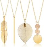 DAJISI 4PCS Long Necklaces for Women, Gold Charm Necklace Bar Feather Circle Leaf Pendant Necklace Boho Style Adjustable Long Gold Necklaces for Women