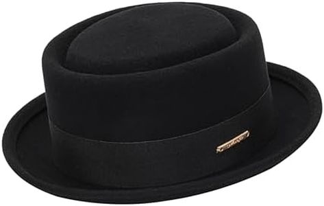 Sombrero de pastel de cerdo para hombres y mujeres, sombrero plano de fieltro de lana, sombrero de panamá, tamaño: S-M, Negro - Ala corta y rizada, M