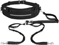 Pecute Hands Free Dog Leash 2 Dogs, Waist Belt Fanny Pack with Soft Padded, Dual Dog Leash with Pouch, 3 Padded Handles, Durable Bungee, Black Waist Dog Leash for Running Walking Hiking Jogging Biking