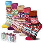 5 Pairs Merino Wool Socks Winter Warm Thick Knit Casual Crew Cozy Socks Gifts for Women, W-geometric Designs, Large