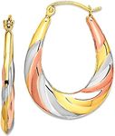 10K Tri Color Gold Oval Scalloped Hoop Earrings