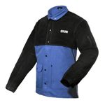 QeeLink Welding Jacket Split Leather Sleeves | Premium Flame Resistant Cotton Body Welder Jackets, Blue & Black, Large