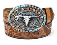 Western PU-Leather Cowboy Cowgirl Buckle Belt for Men Women Jeans - Engraved Floral Longhorn Oval Texas Buckle Belt