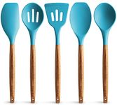 Premium 5 Piece Silicone Utensils Set with Authentic Acacia Hardwood Handles, All Purpose Silicone Spatulas Kitchen Set, Wood Cooking Utensils Set, Non-Stick Cookware by Zulay Kitchen - Blue