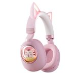 Xmenha Pink Cat Ear Headphones for Kids, Cute Children Girl Wireless Bluetooth Headphones for School, Kindergarten Light up Kawaii Kitty Noise Cancelling Headphones for Kids Teens Child Airplane